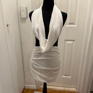 White Backless Sexy cowl neck Dress w/sequins